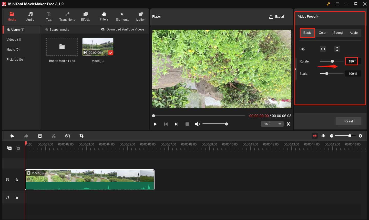 Rotate the video by dragging the rotate slider or entering the value in MiniTool MovieMaker