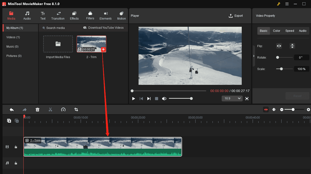 Click the + icon on the clip to add it to the timeline in MiniTool MovieMaker