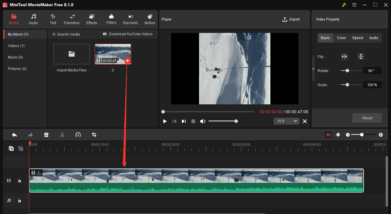 Click the + icon on the video to add it to the timeline in MiniTool MovieMaker