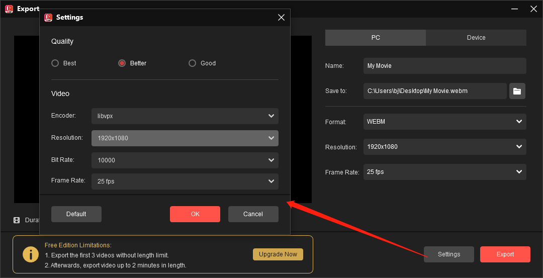 Export a WebM file from MiniTool MovieMaker