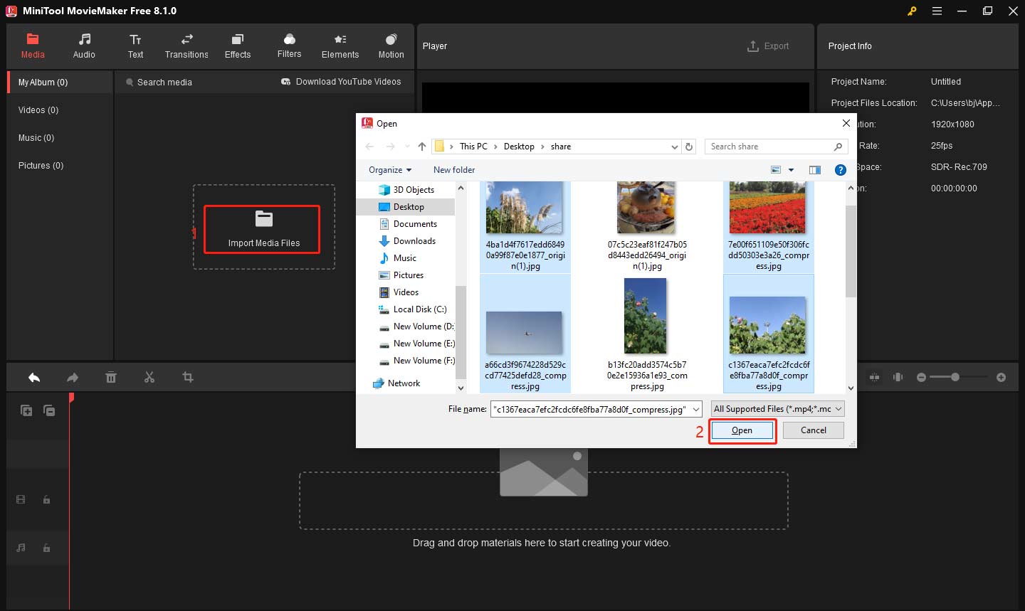 Import the photos to the media library in MiniTool MovieMaker