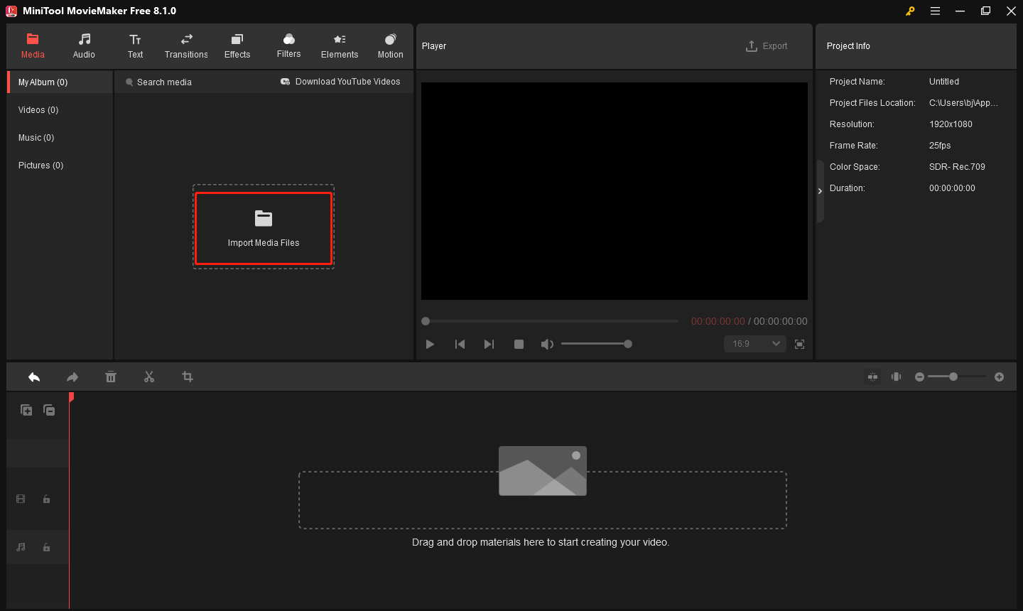 Click the Import Media Files button to import the media files in MiniTool MovieMaker