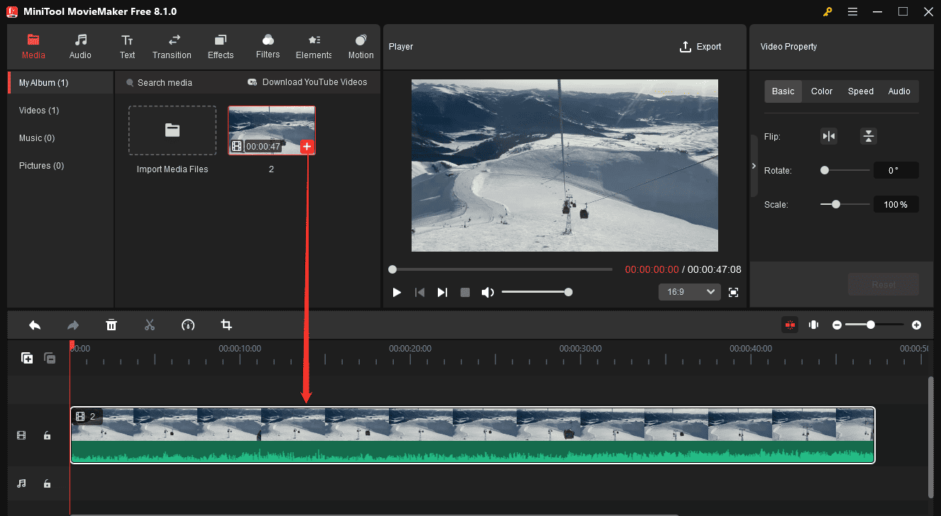 Click the + icon on the video to add it to the timeline in MiniTool MovieMaker