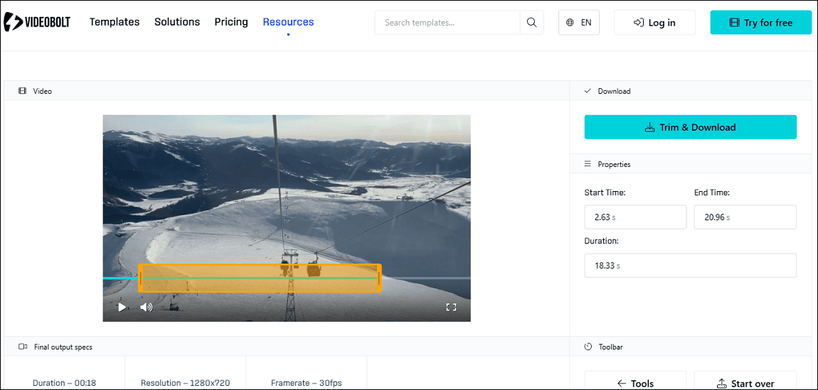 Trim a WebM video with Videobolt