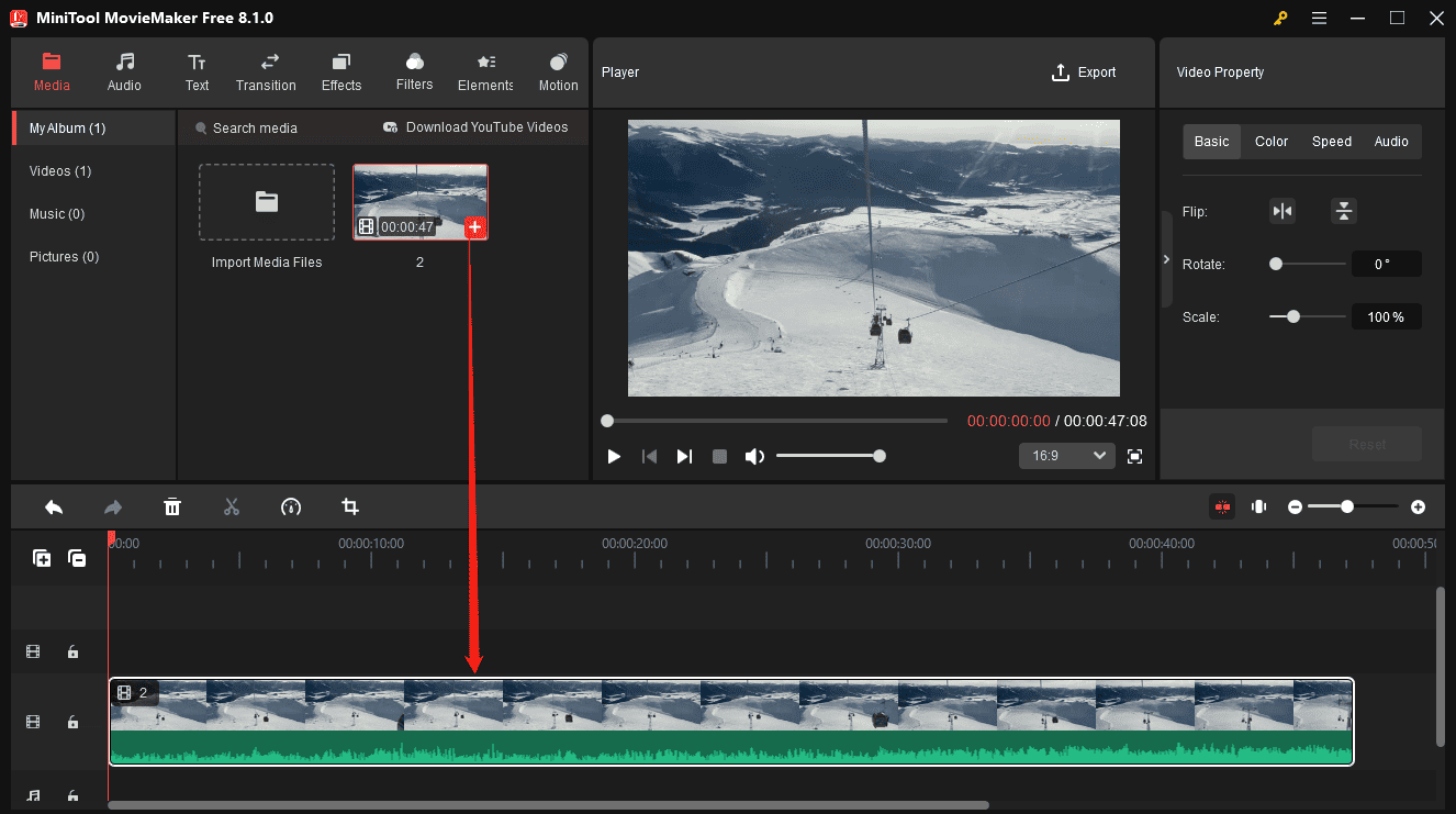 Click the + icon on the video to add it to the timeline in MiniTool MovieMaker