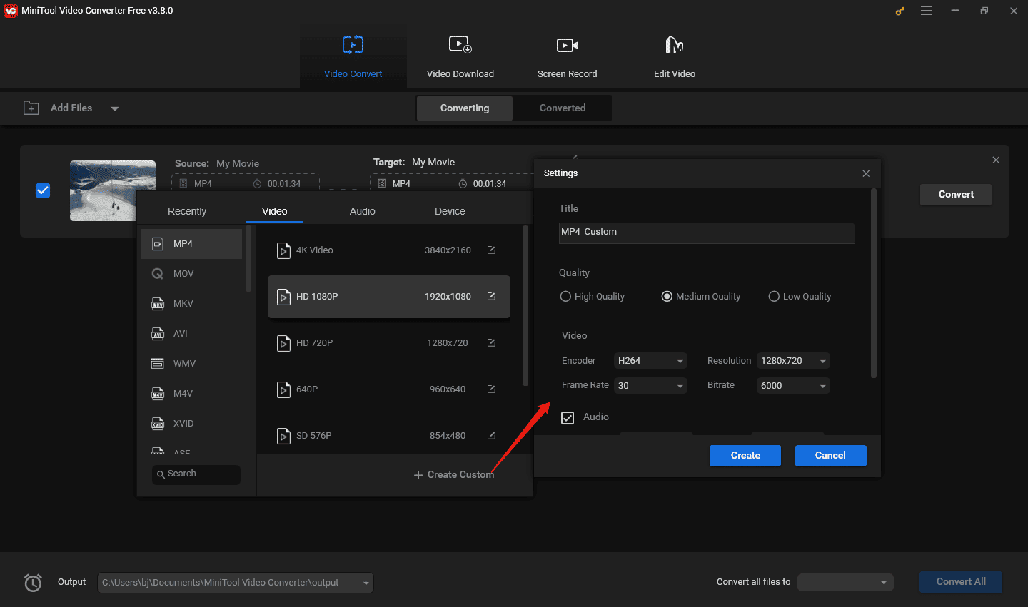 Choose the output format in MiniTool Video Converter