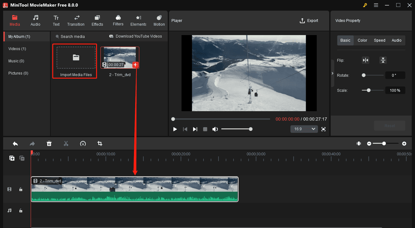 Click the + icon on the clip to add it to the timeline in MiniTool MovieMaker