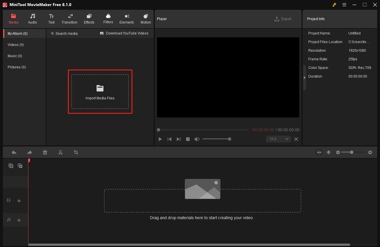 MiniTool MovieMakerで「Import Media Files」をクリックしてWebMファイルをインポート