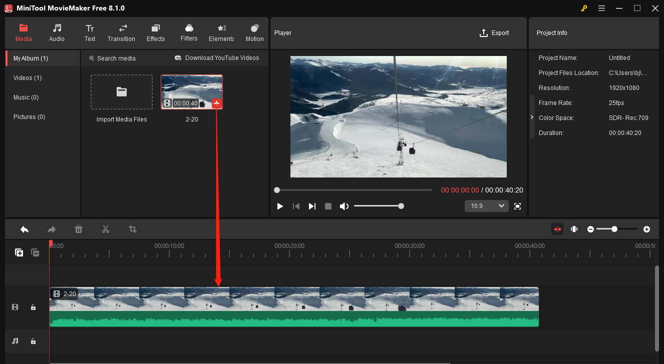 Click the + icon to add video to the timeline in MiniTool MovieMaker