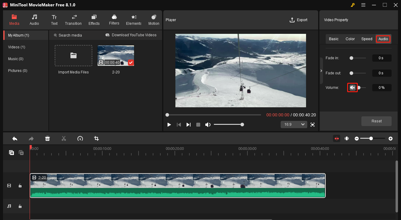 Mute the original AVI video in MiniTool MovieMaker