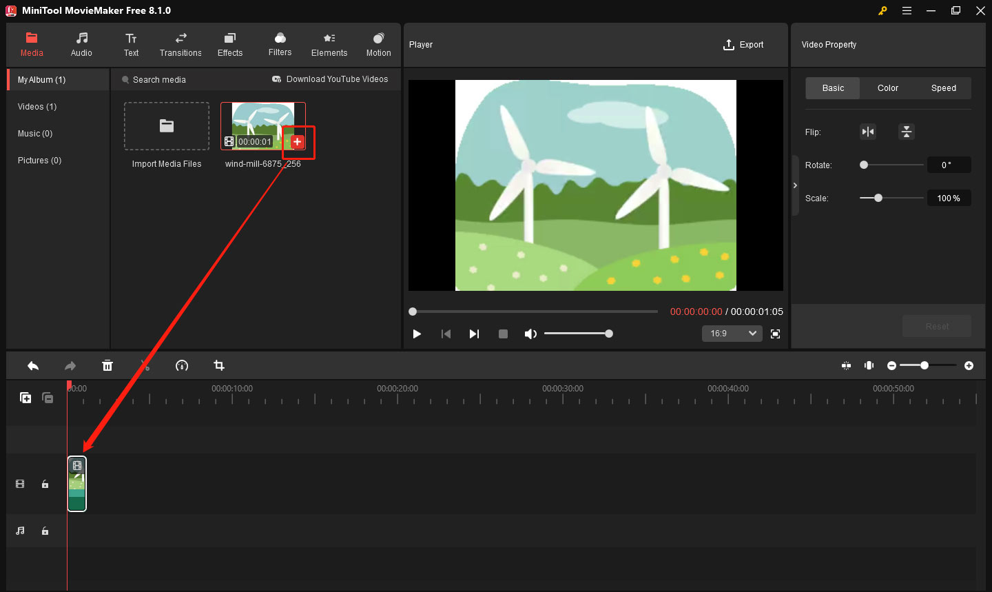 Add the GIF to the timeline in MiniTool MovieMaker