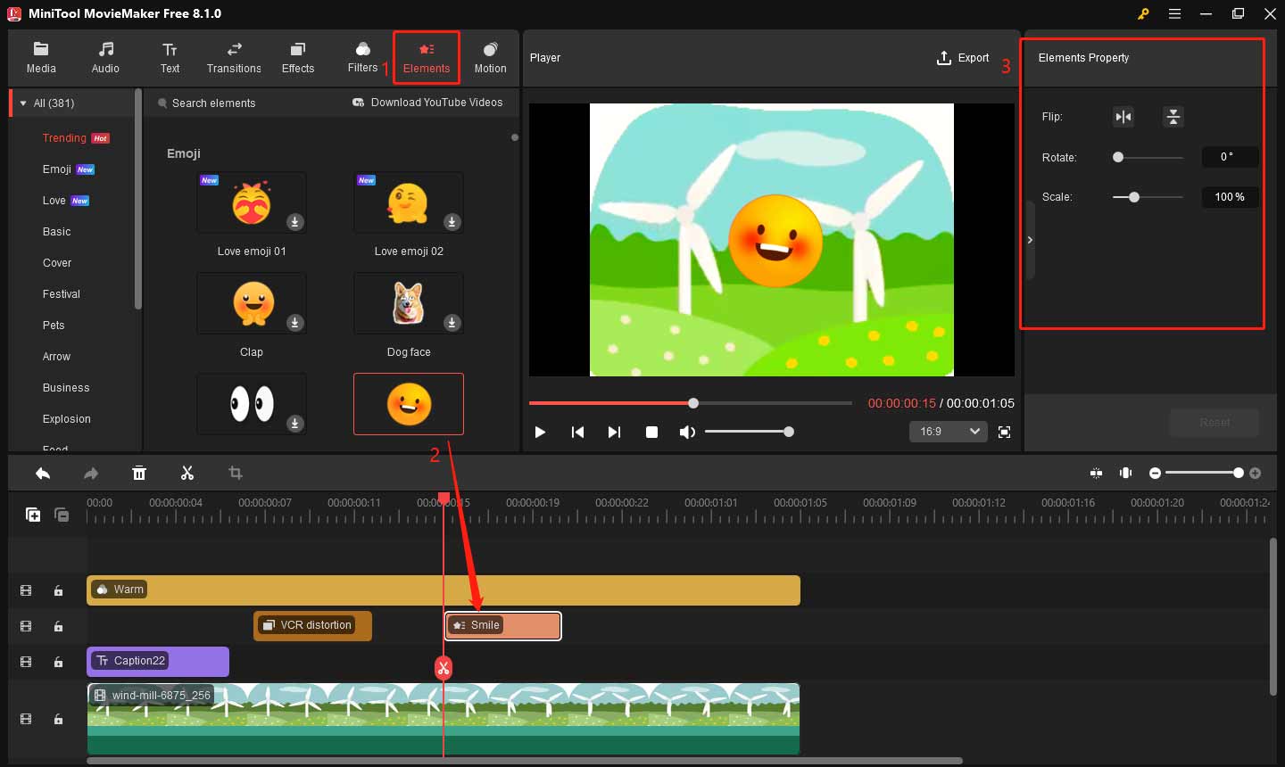 Add element to the GIF and adjust it in MiniTool MovieMaker