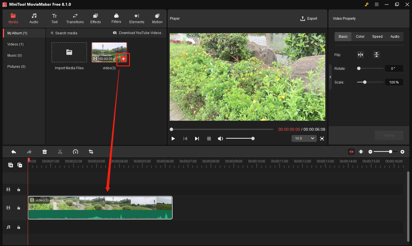 Cliquez sur l'icône + sur la vidéo pour l'ajouter à la chronologie dans MiniTool MovieMaker
