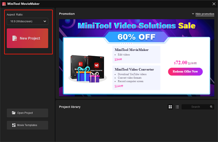 Choisissez un rapport hauteur/largeur et cliquez sur Nouveau projet dans MiniTool MovieMaker