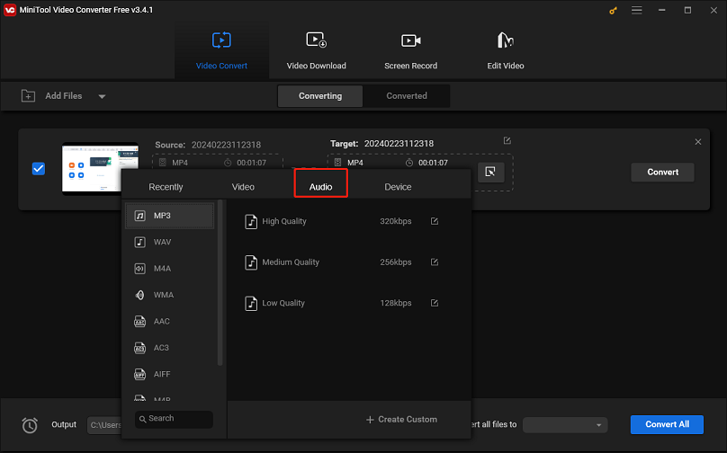 Sélectionnez un format de sortie audio dans MiniTool Video Converter