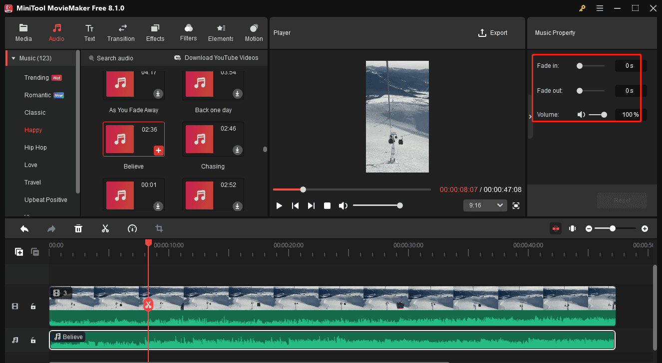 Add and edit music for video in MiniTool MovieMaker