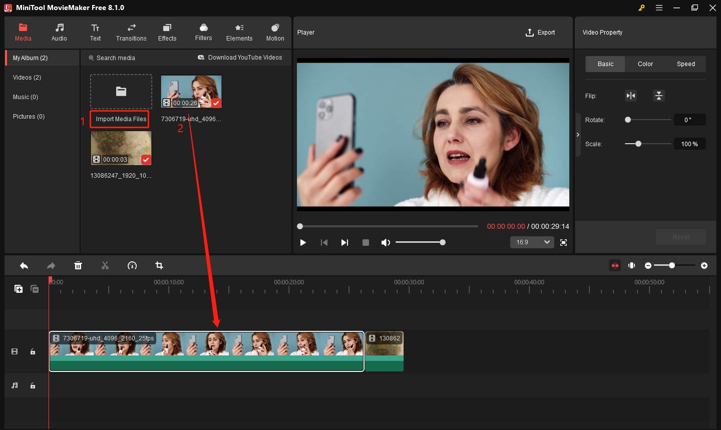 Import the videos and drag them to the timeline in MiniTool MovieMaker