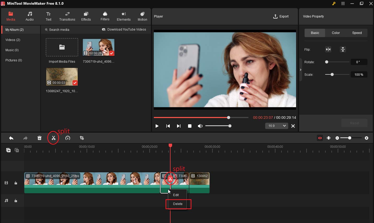 Trim the video to remove unwanted parts in MiniTool MovieMaker