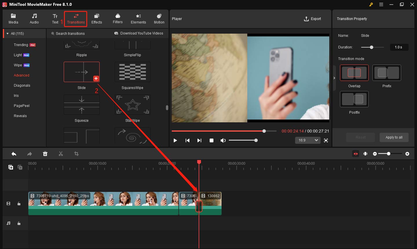 Add transition between two video clips in MiniTool MovieMaker