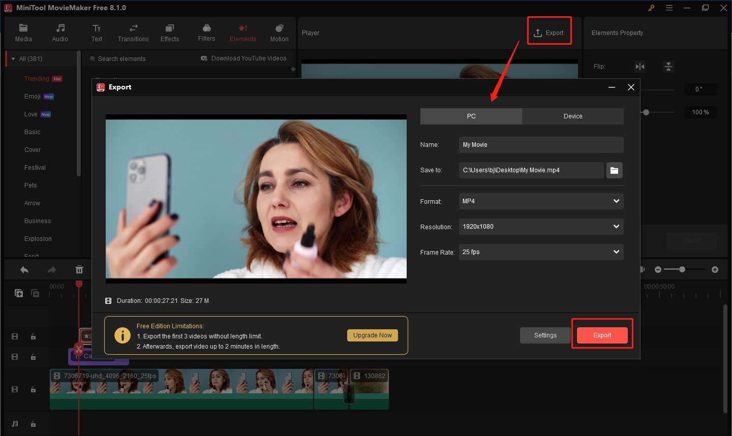 Export the video from MiniTool MovieMaker