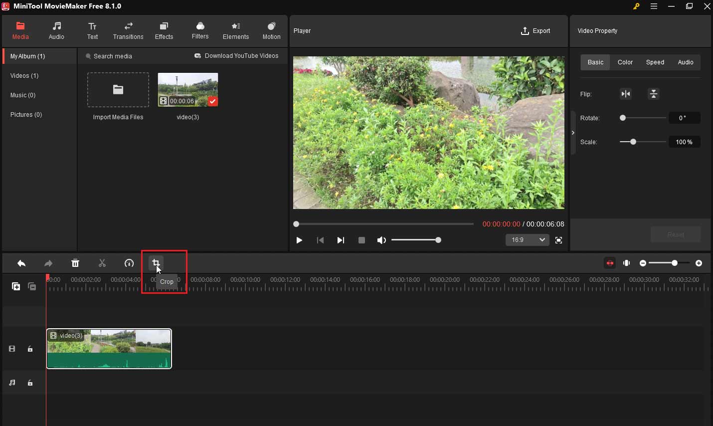 Select the crop tool in MiniTool MovieMaker