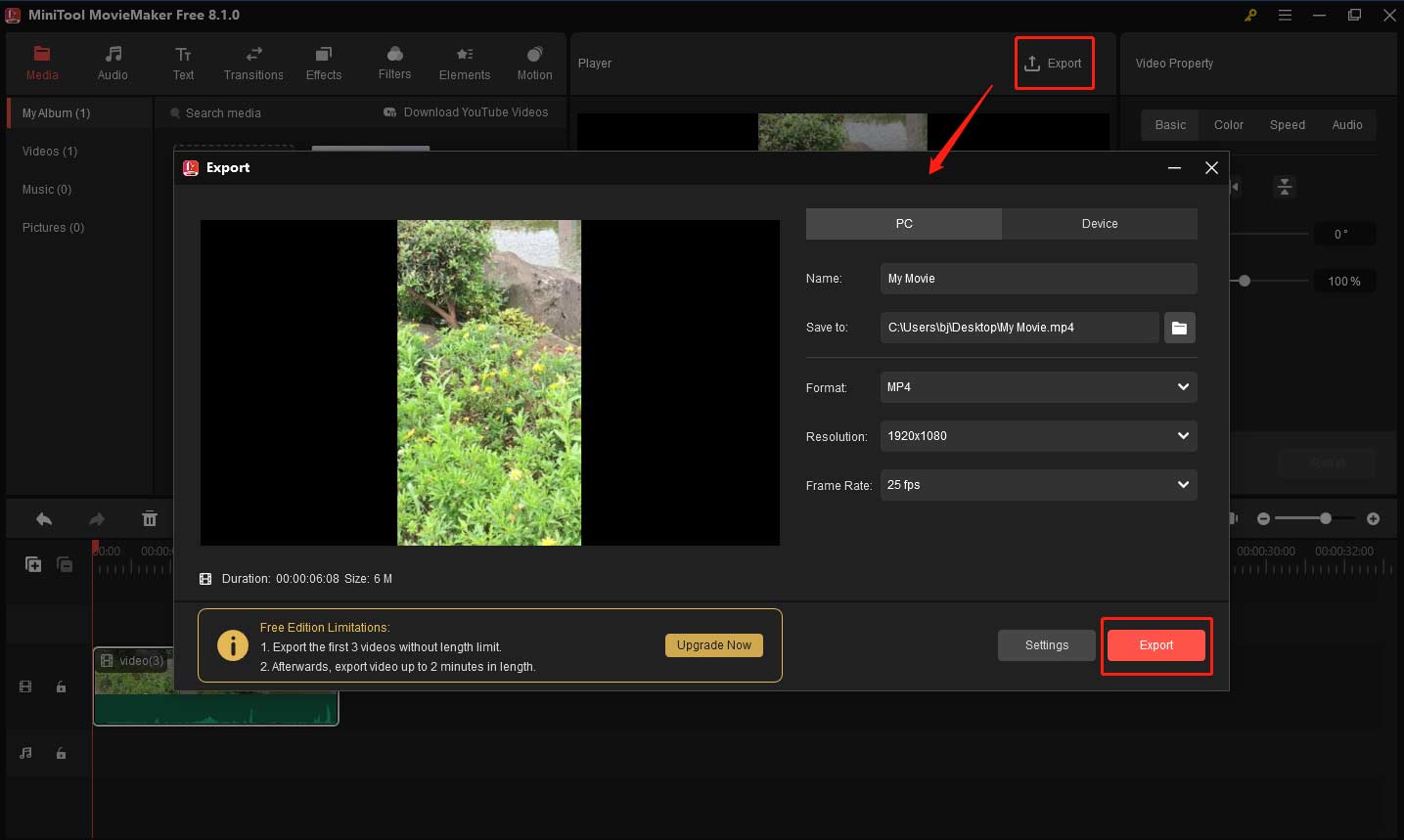 Export the video from MiniTool MovieMaker