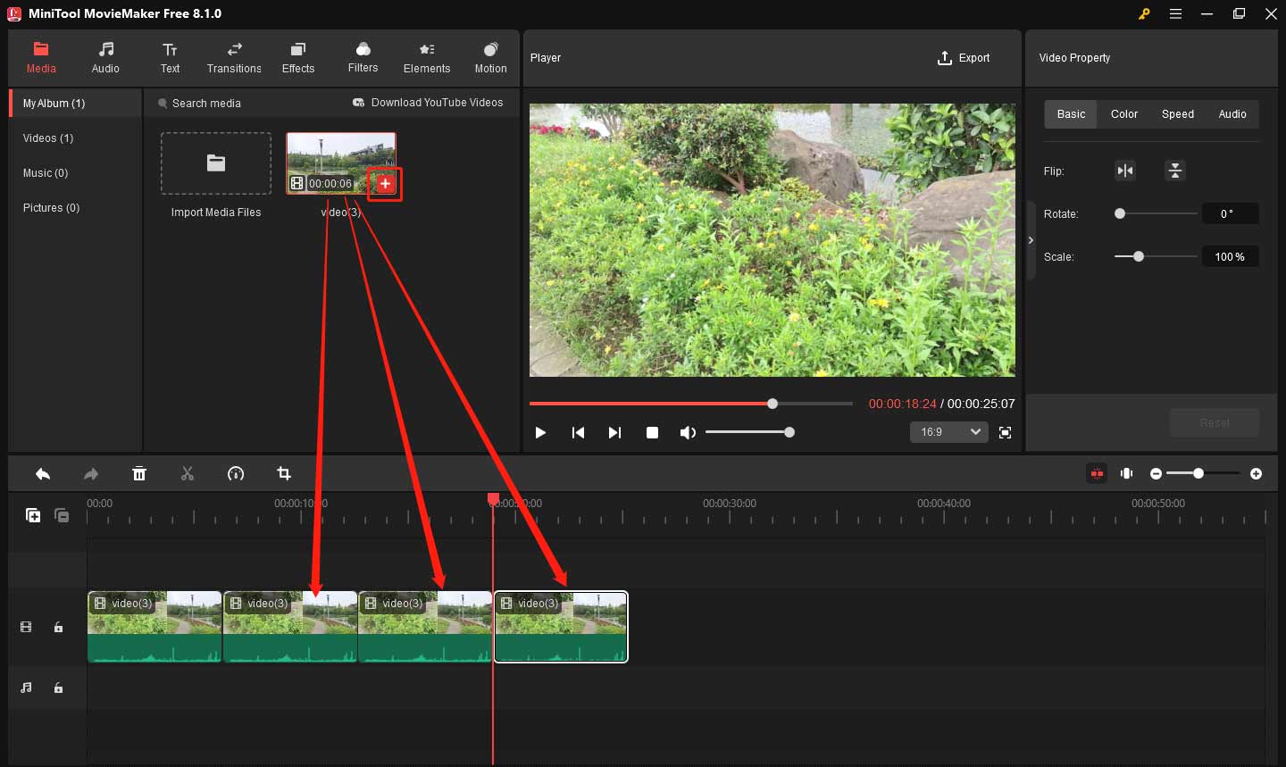 Add the video to the timeline to loop it in MiniTool MovieMaker