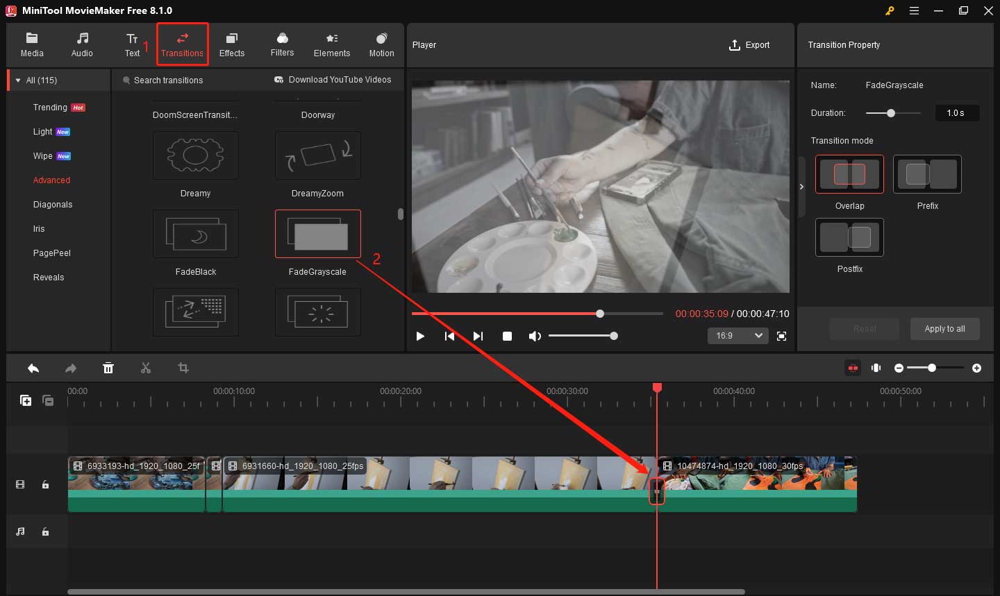 Add transition between two clips in MiniTool MovieMaker