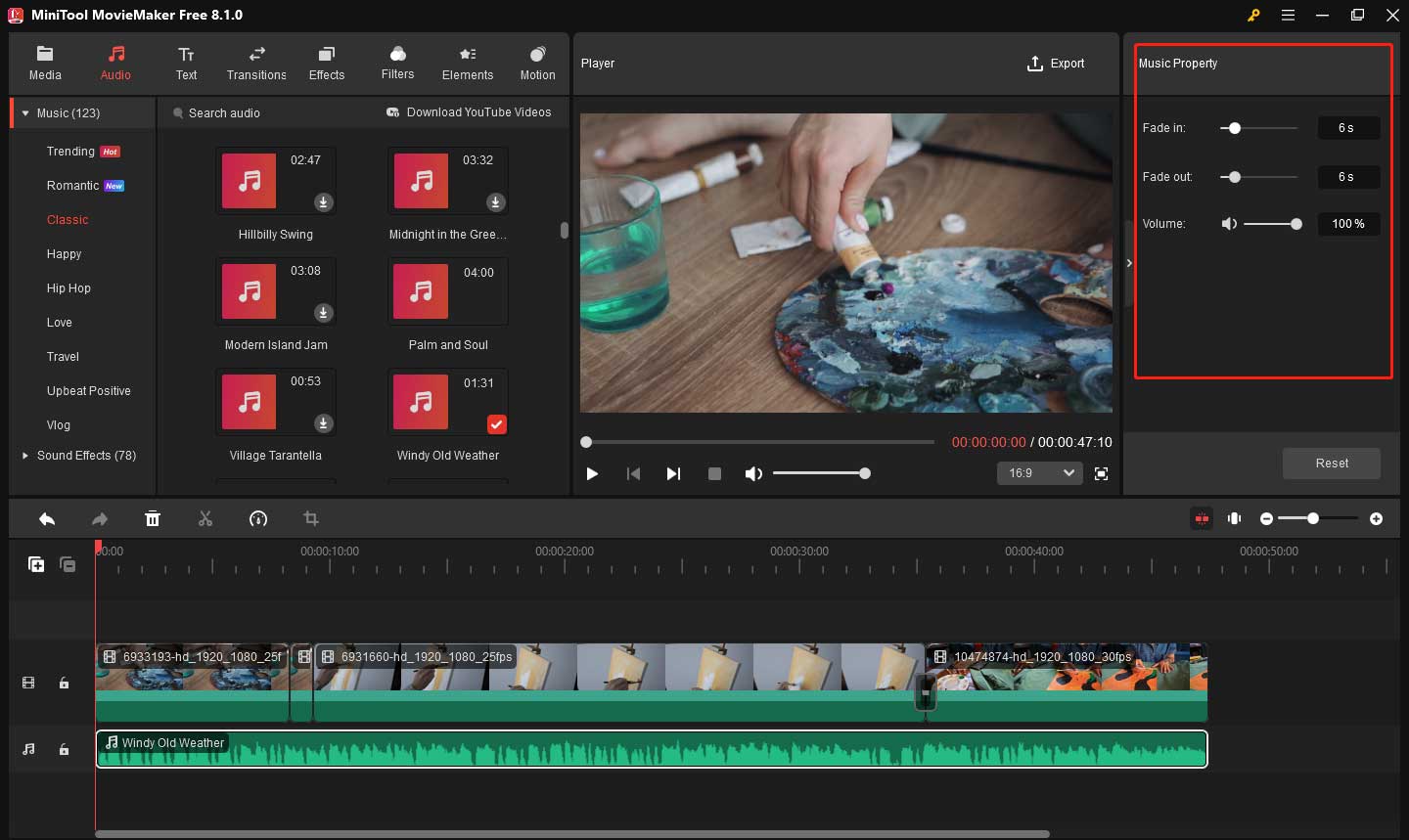 Add the fade effect to music in MiniTool MovieMaker