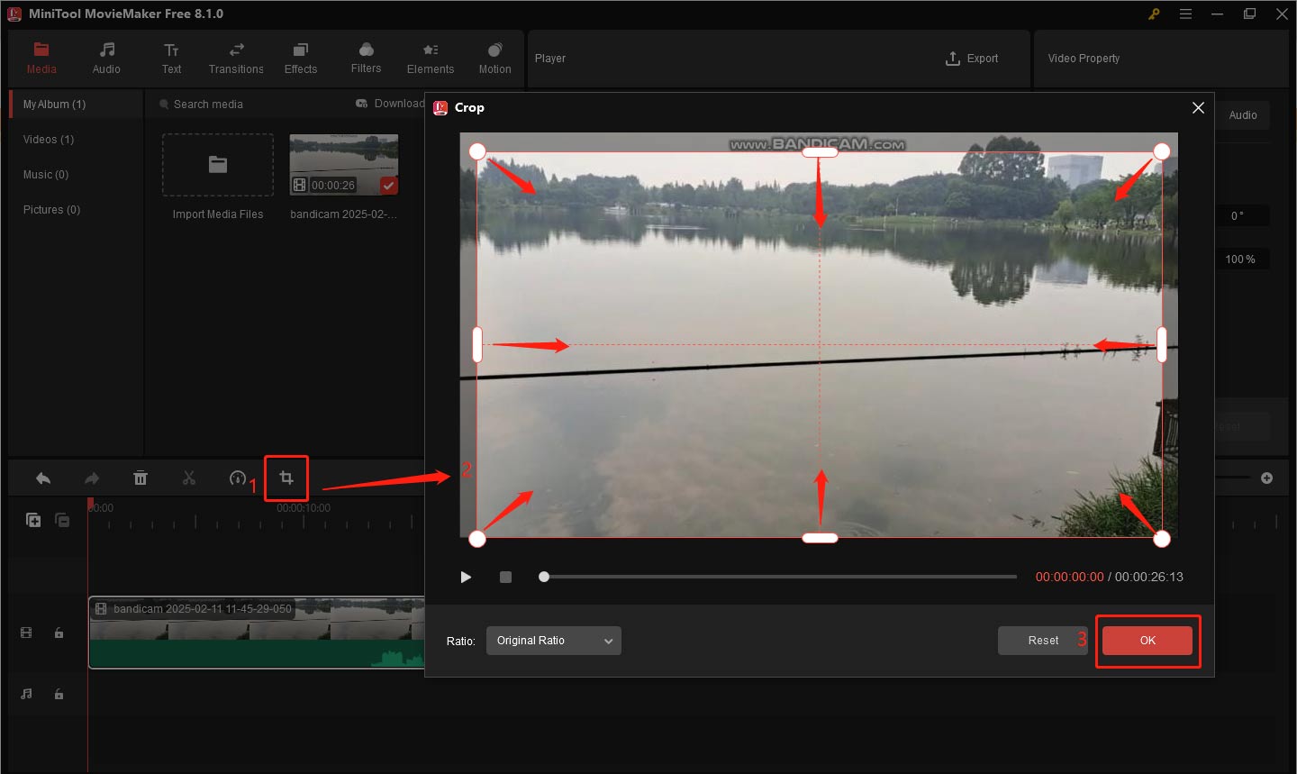 Crop the video to remove Bandicam watermark in MiniTool MovieMaker