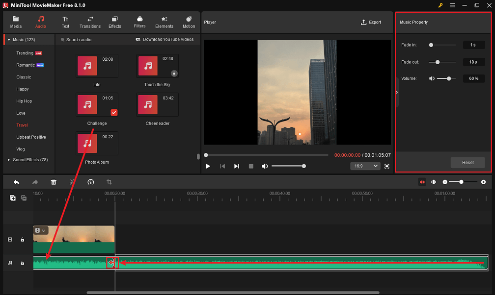 Add and edit music or sound effect in MiniTool MovieMaker