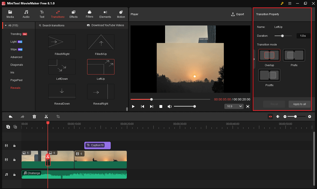 Apply transition between clips in MiniTool MovieMaker