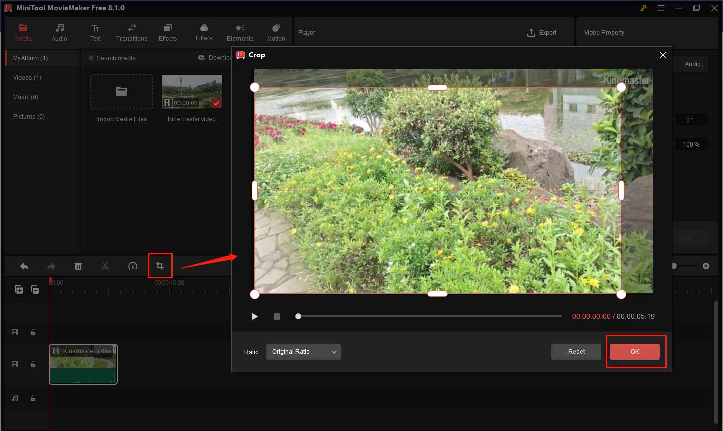 Crop the video to remove kinemaster watermark in MiniTool MovieMaker