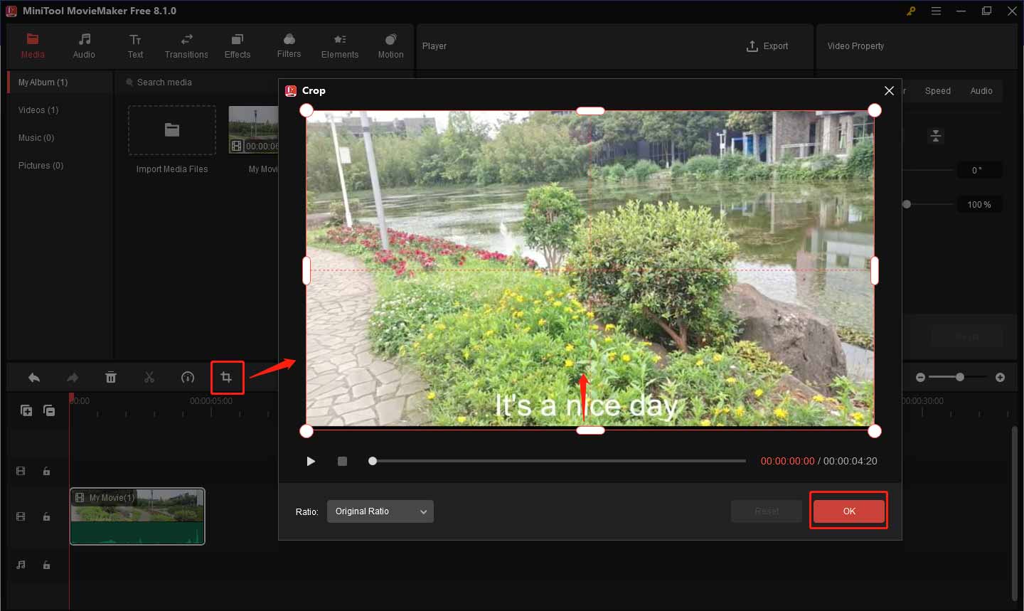 Crop the video to remove the caption in MiniTool MovieMaker