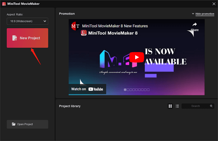 Click on New Project to create a blank project in MiniTool MovieMaker