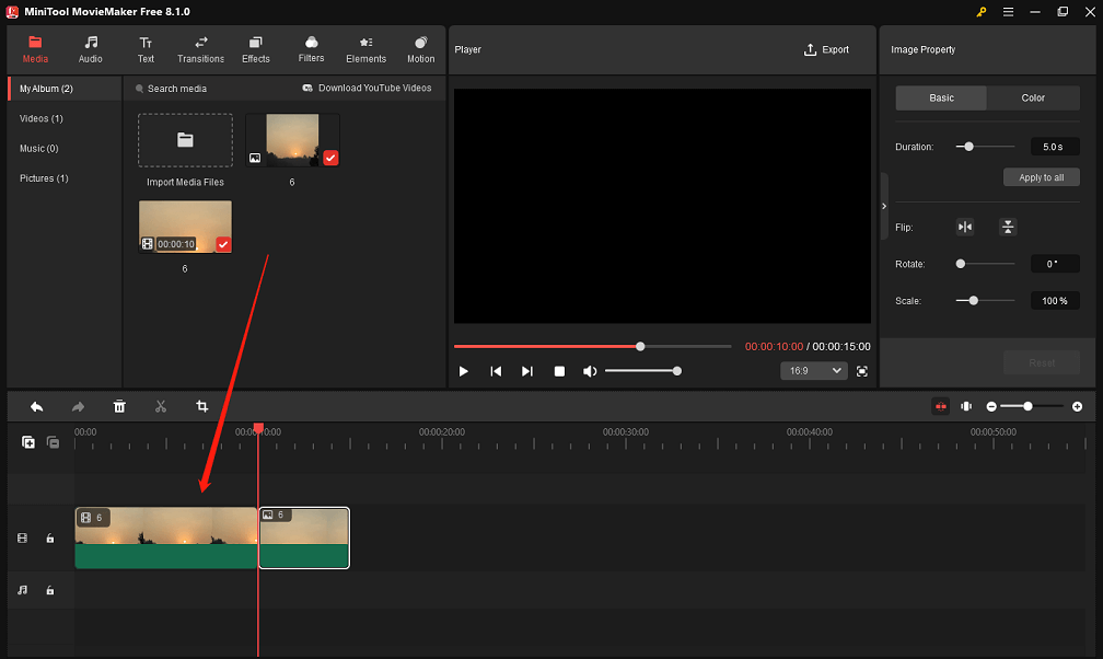 Add the imported video or photo to the video track in MiniTool MovieMaker