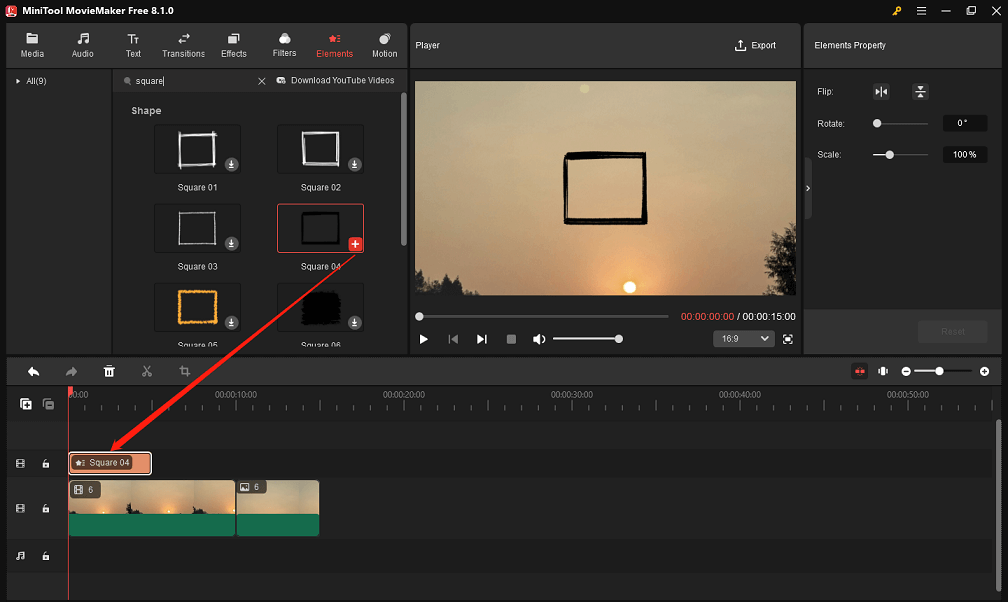 Put the desired square overlay on top of the video in MiniTool MovieMaker