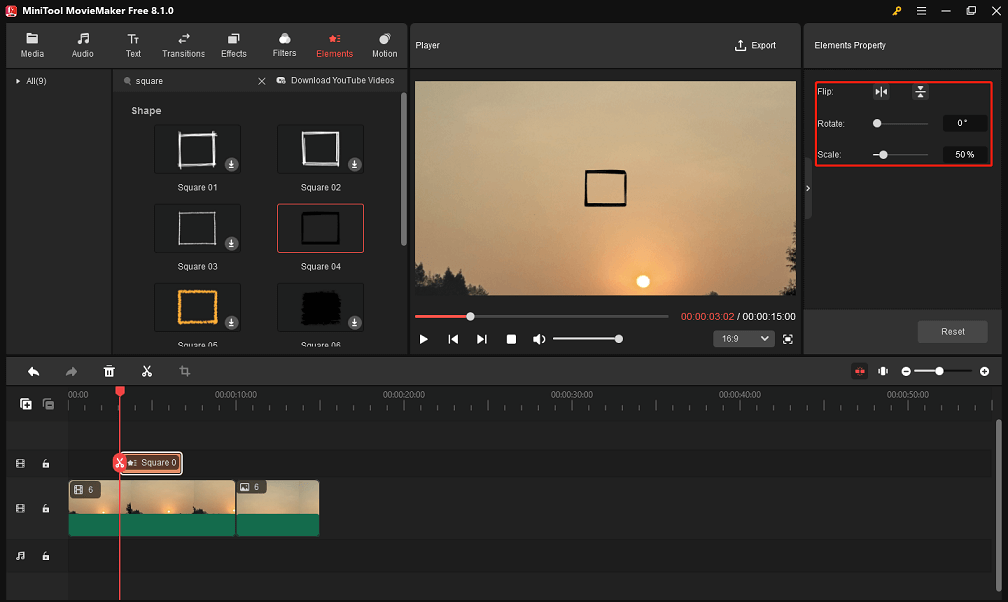 Flip or rotate and scale square element in MiniTool MovieMaker