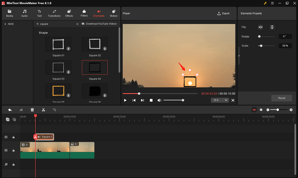 Move the square sticker around the screen in MiniTool MovieMaker