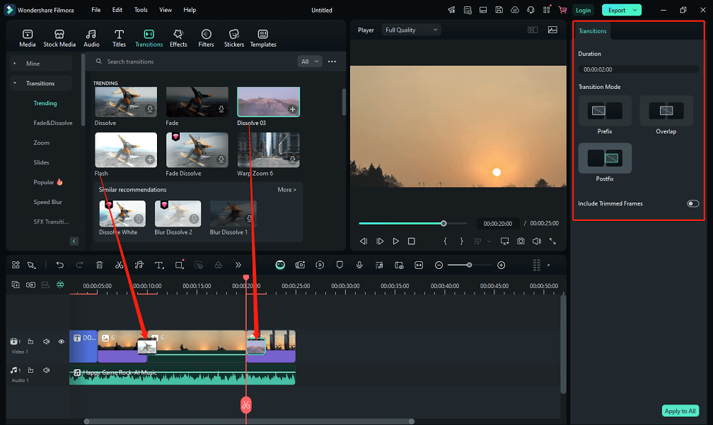 Apply transitions between clips in Wondershare Filmora