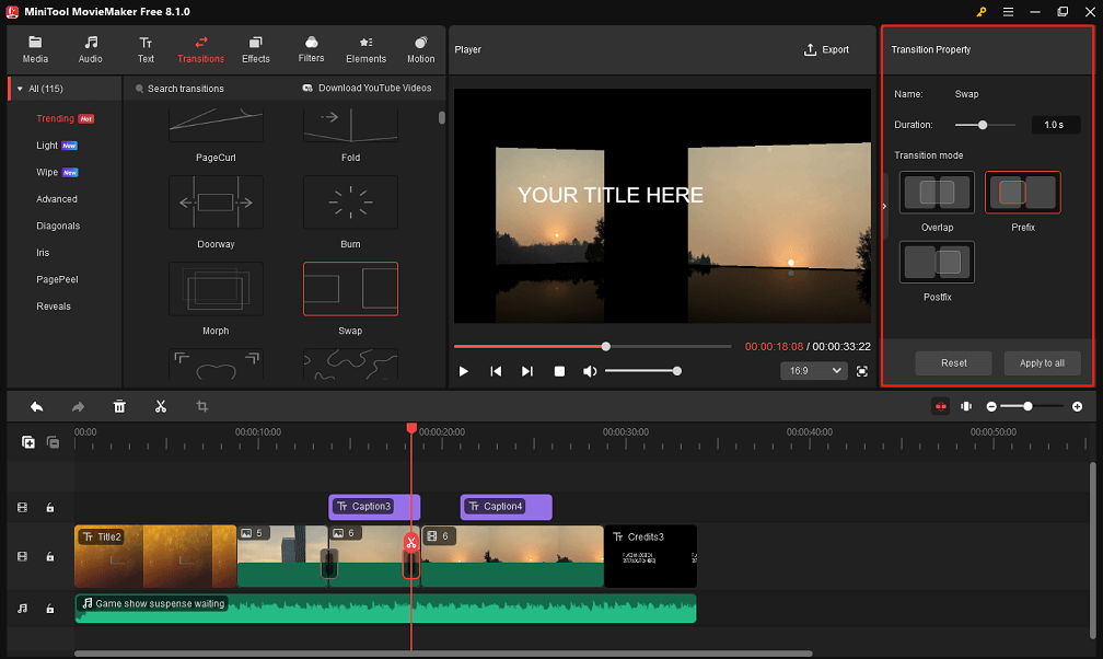 Add transitions between segments in MiniTool MovieMaker