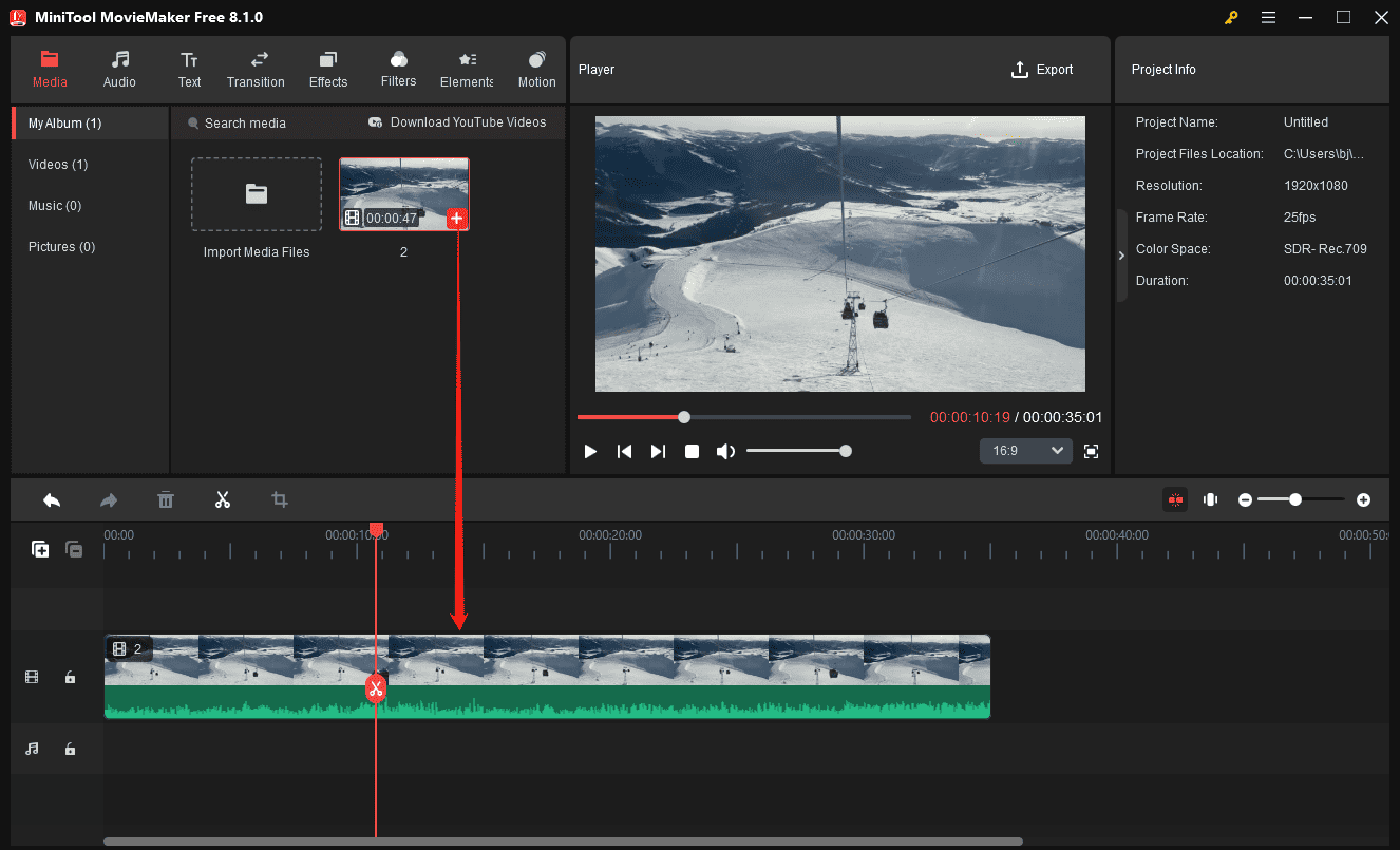 Klicken Sie auf das +-Symbol des Clips, um das Video in die Timeline von MiniTool MovieMaker zu ziehen