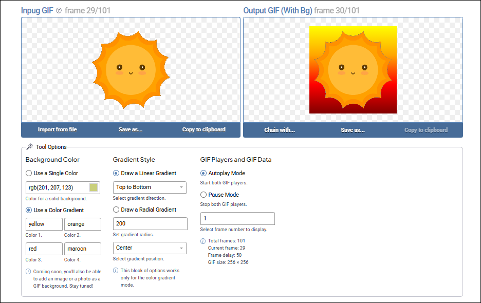 Add a single color or a color gradient to GIF as background in Onlinegiftools