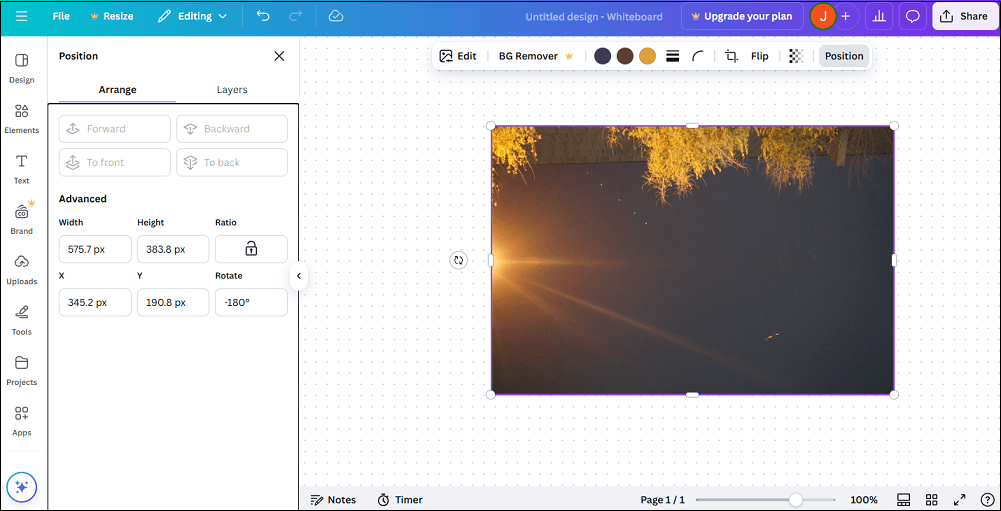 Utilize the position tool from the toolbar in Canva