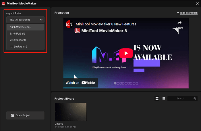 Set the video aspect ratio before creating a blank project in MiniTool MovieMaker