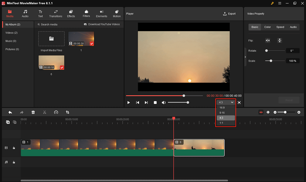 Set the video aspect ratio during the editing process in MiniTool MovieMaker