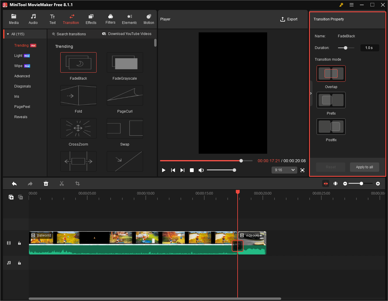 Accédez à la propriété de transition pour personnaliser la transition dans MiniTool MovieMaker