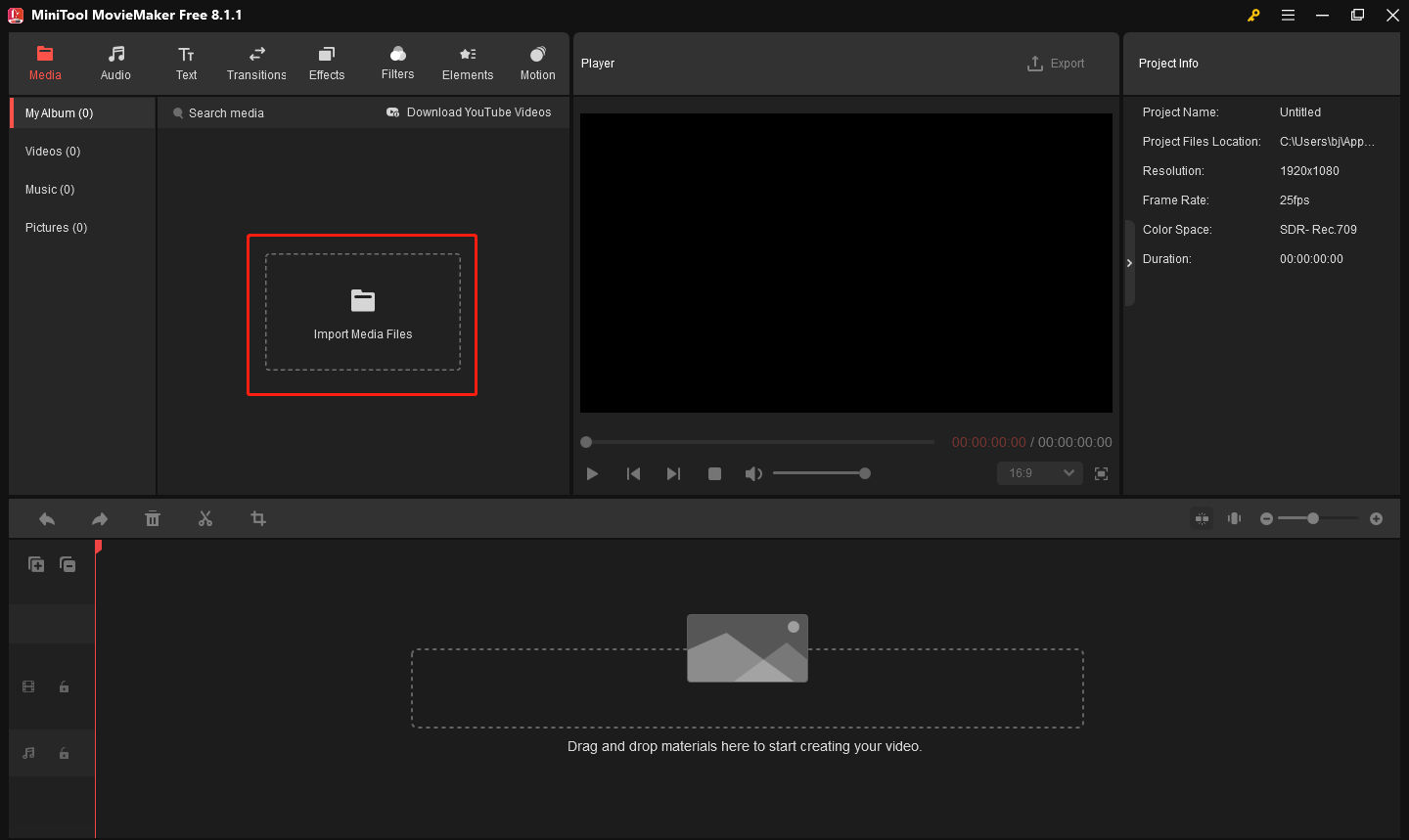 Haga clic en Importar archivos multimedia en MiniTool MovieMaker