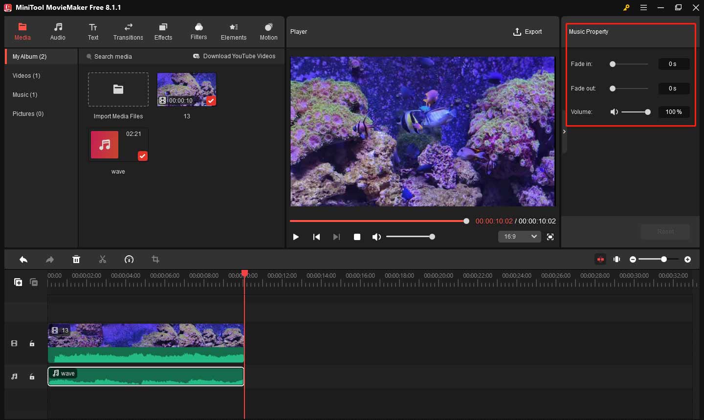 Editar propiedad musical en MiniTool MovieMaker