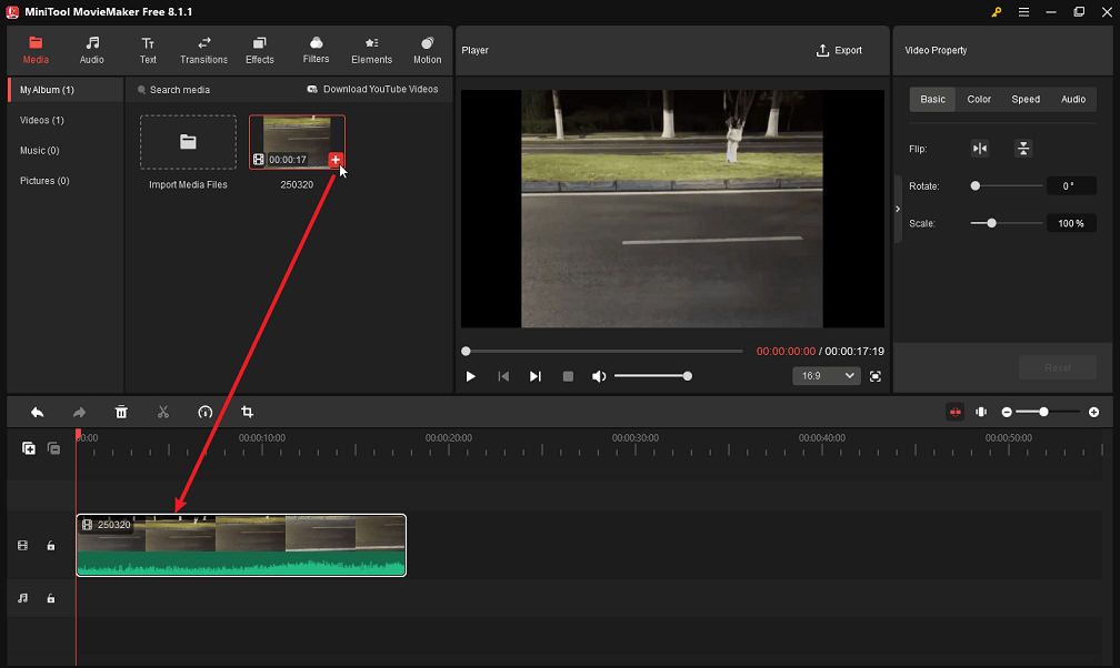 Add the imported dash cam video to the timeline in MiniTool MovieMaker